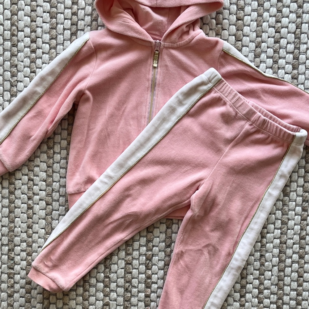 Little Me Pink Sweatpants & Hoodie Set w/ White Stripes & gold accents sweatsuit